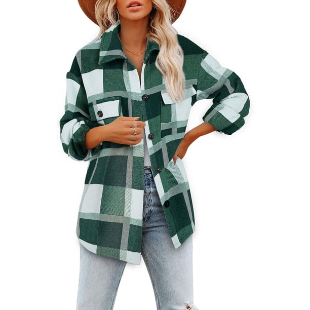 Camisas de cuadros cepillados para mujer, chaquetas tipo sobretodo con solapa de franela de manga larga y botones con bolsillos