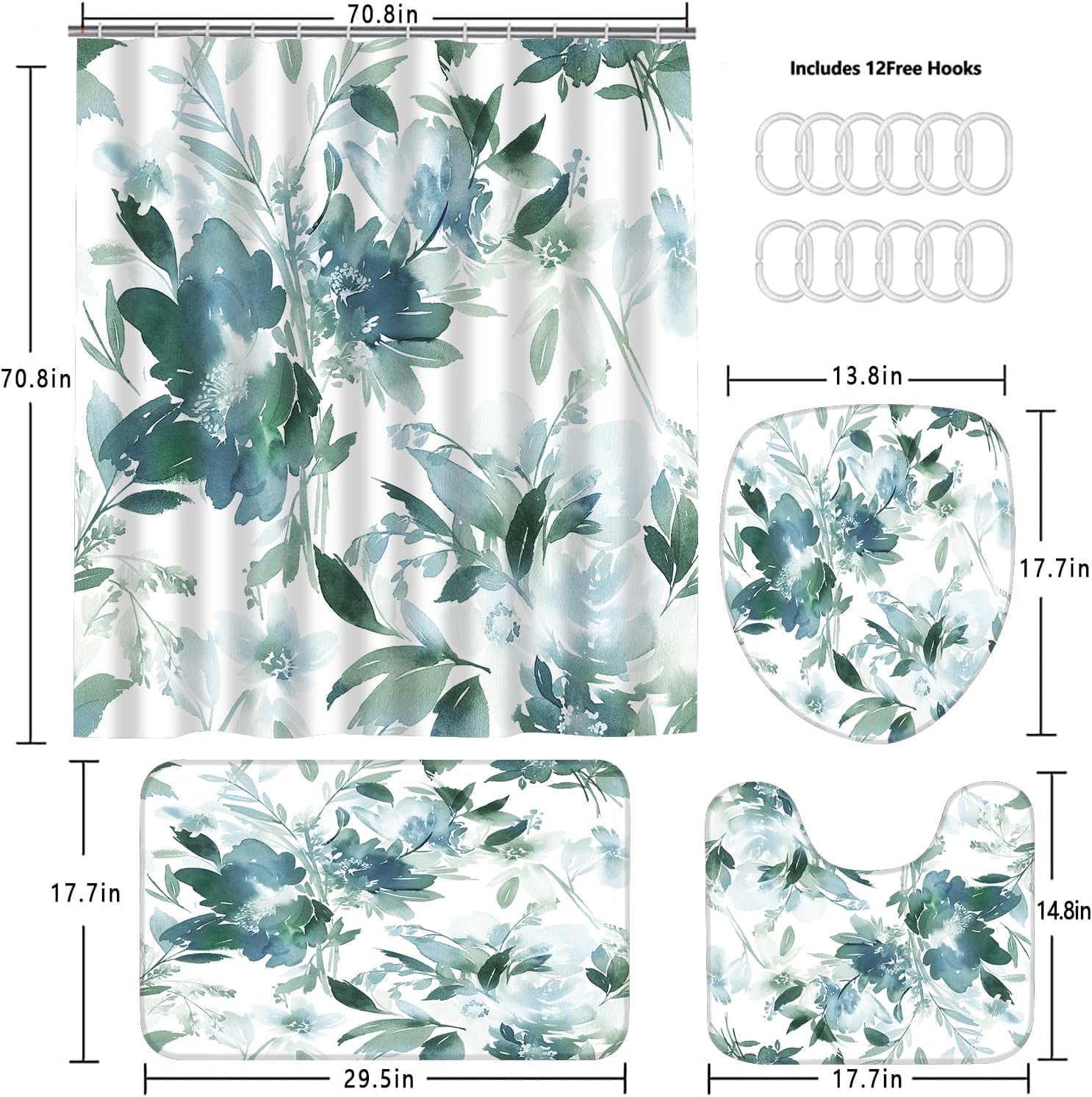 Green Leaves Shower Curtain Set Bathroom Sets Flower Shower Curtain Set with Rugs,Bathroom Shower Curtain Set with Carpet Bath Mat Toilet Rugs