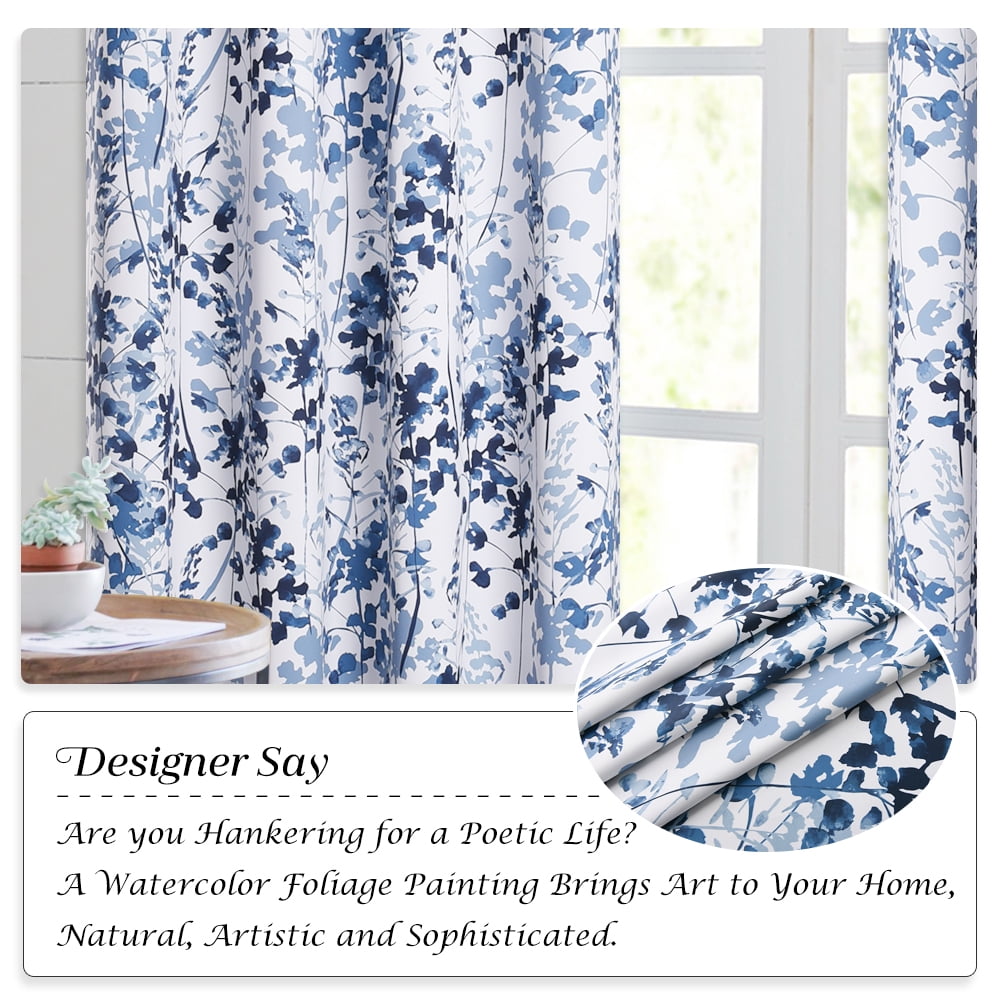 NICETOWN Blackout Floral Curtains for Living Room, Watercolor Foliage Light Blocking Curtains Thermal Insulated Energy Efficient Grommet Drapes, Blue, 52"x84", 2 Panels