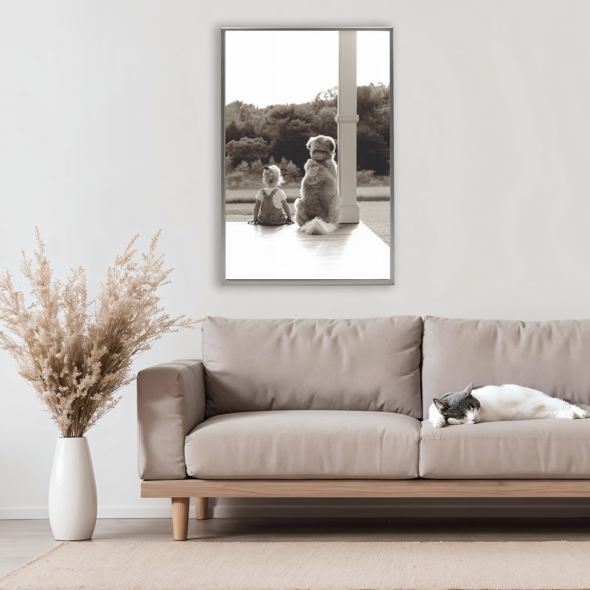 Stupell Industries Child And Dog Friendship Gray Framed Floater Canvas Wall Art, design by Kendra Dew