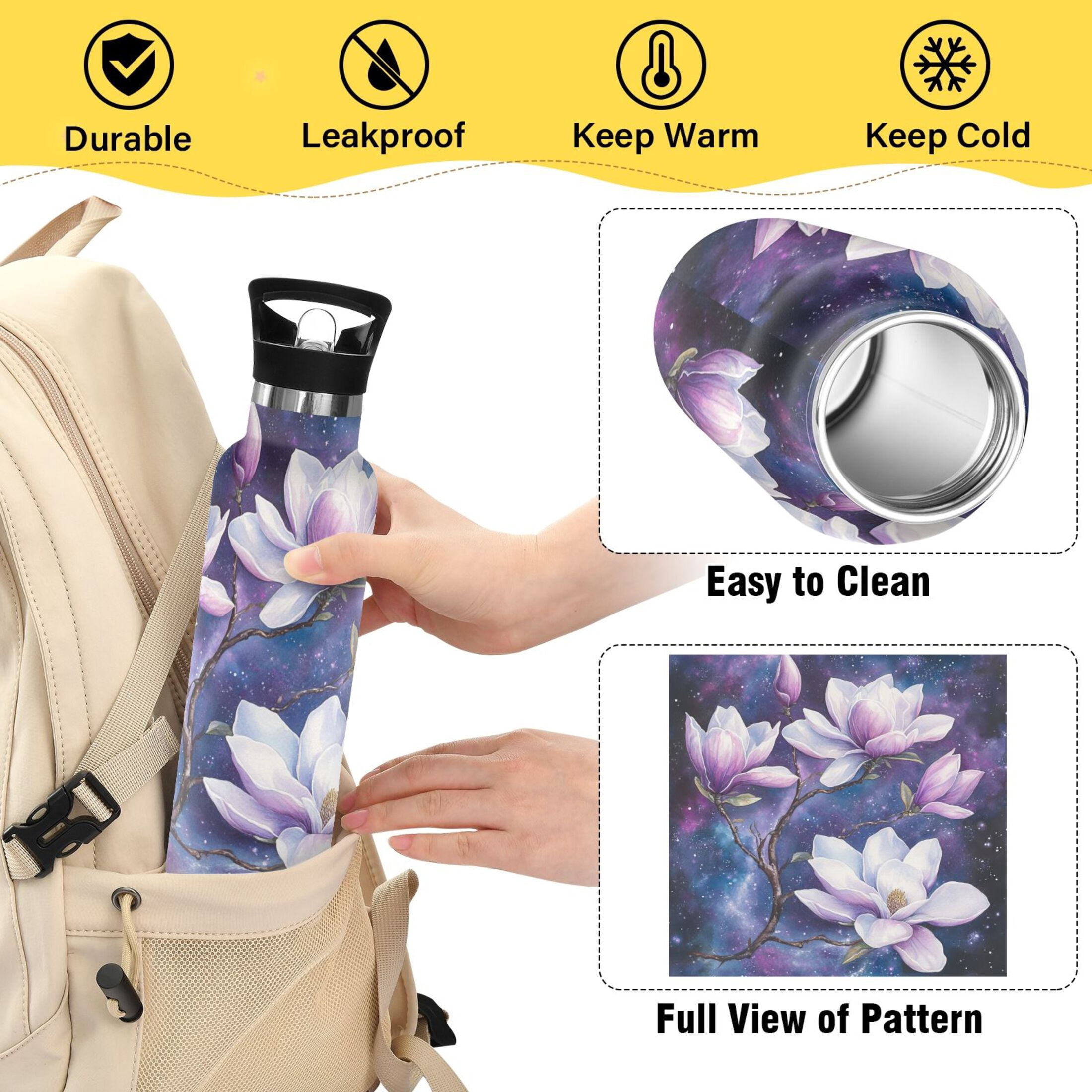 Kids Insulated Stainless Steel Sports Water Bottle 600ml (20oz) Purple Magnolia Flowers