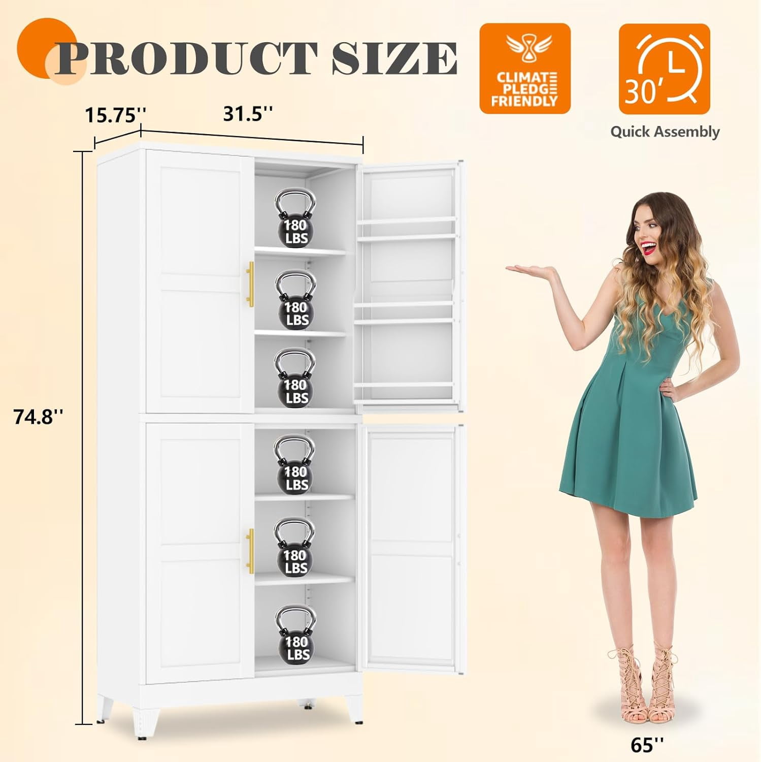 Ero Tall Steel Pantry Cabinet with 4 Doors and Adjustable Shelves for Kitchen Storage White