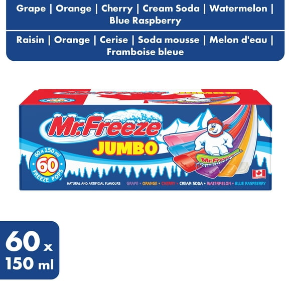 Mr. Freeze Jumbo Freeze Pops - Grape, Orange, Cherry, Cream Soda, Watermelon, Blue Raspberry - 60 x 150 ml, 60 x 150 ml
