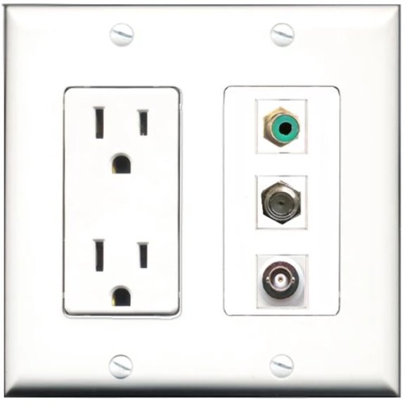RiteAV - 15 Amp Power Outlet 1 Port RCA Green 1 Port Coax 1 Port BNC Decorative Wall Plate