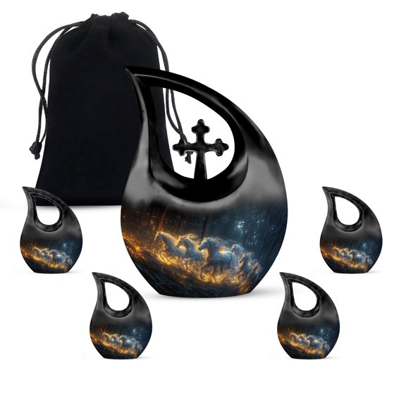MUKTIVE Horse Funeral Urns for Adult Male, Combo Sets Black Cremation Urns for Human Ashes Adult Female, Decorative Urn for Burial, Funeral Urn for Ashes for Women, (1 Large 10 ", 4 Keepsake 3 ")