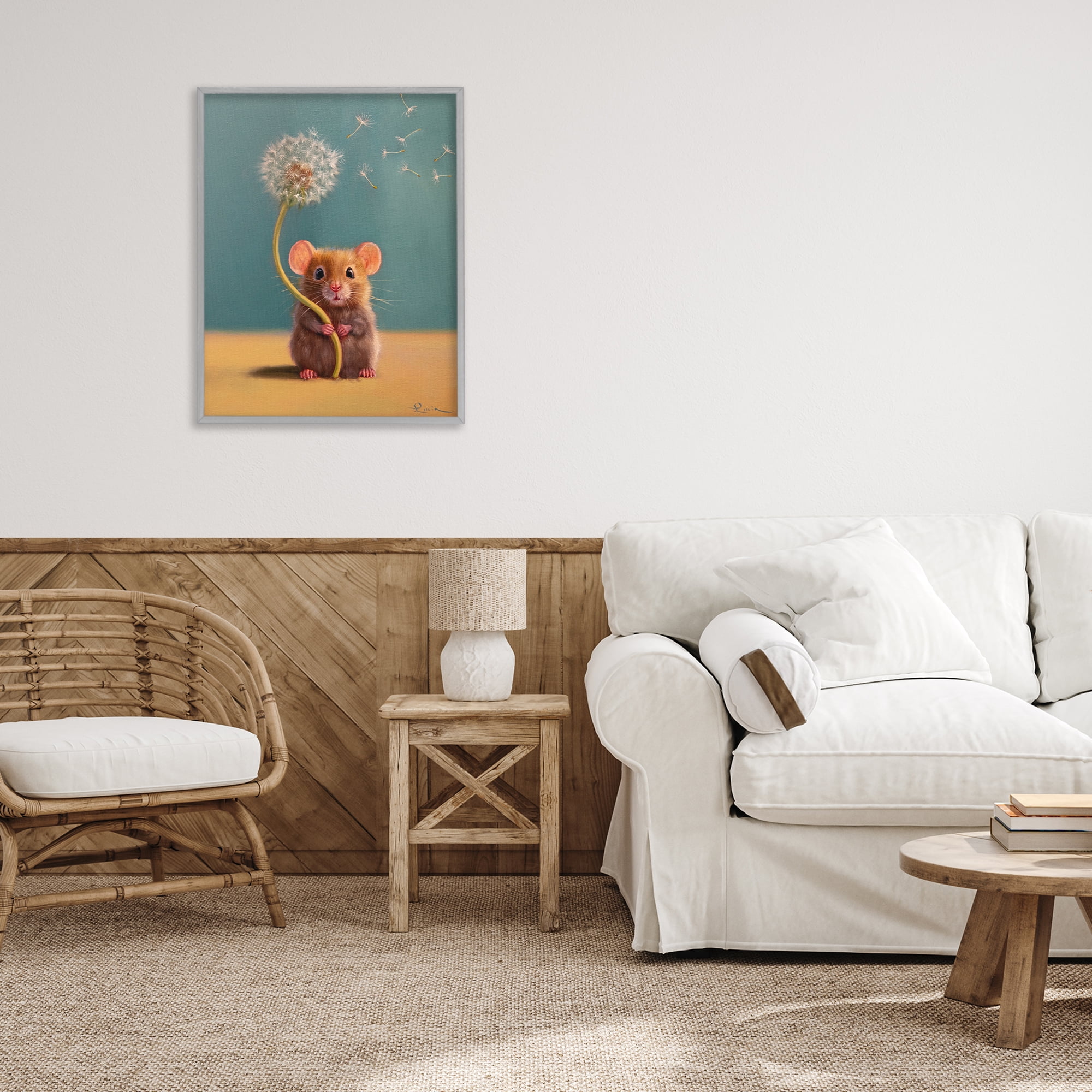Tiny Wishes Mouse & Dandelion Gray Framed Giclee Art, design by Lucia Heffernan