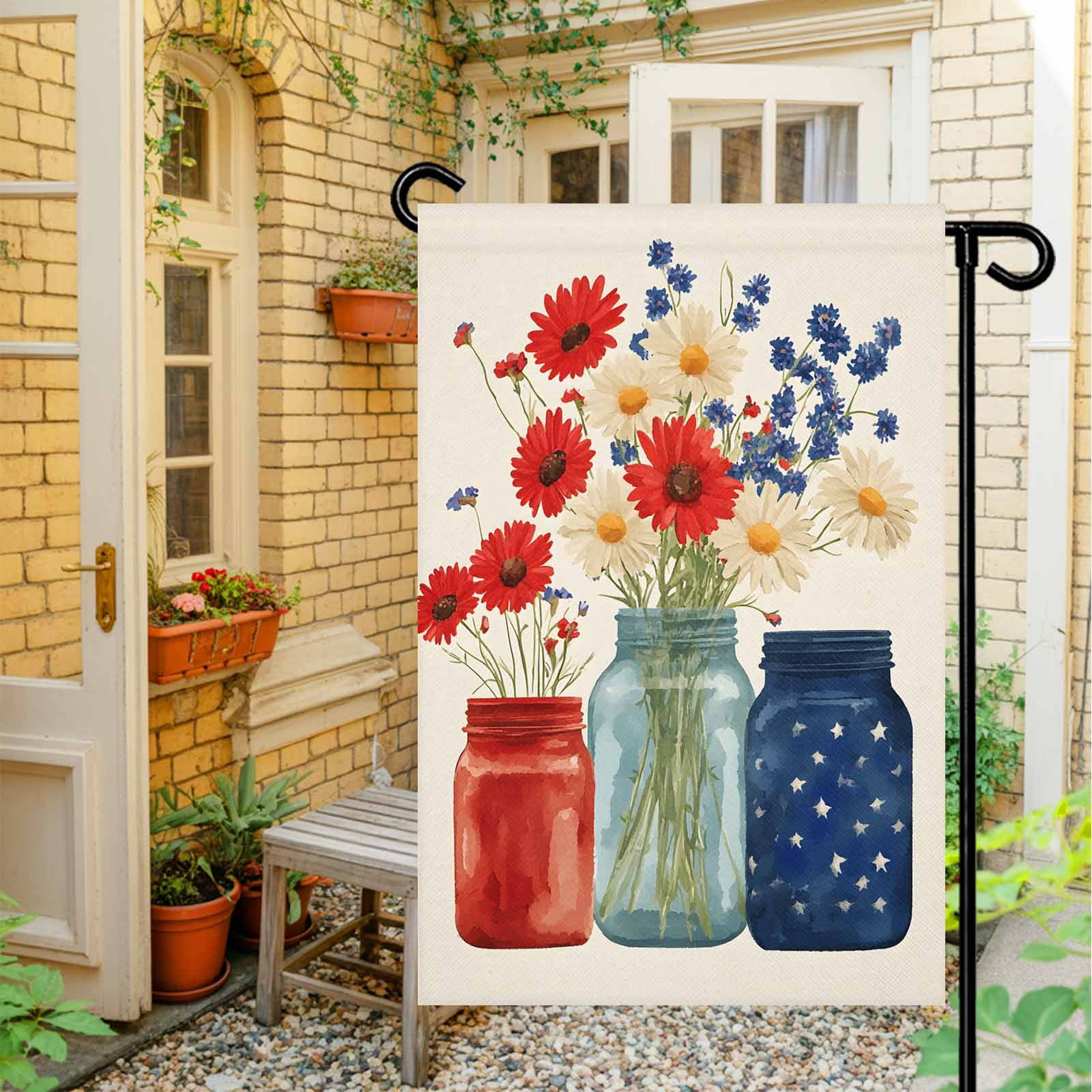 4th of July Garden Flags Red Blue Flower Vase Garden Flag Double Sided Welcome Flag Patriotic Independence Day Yard Flags for Outdoor Lawn Porch Memorial Day Seasonal Holiday Decor 28x40 Inch