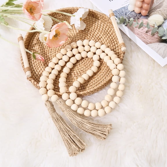 Minzimin 59in Wood Bead Garland with Tassels, Decorative Beads Decor, Farmhouse Wooden Beads Garland for Wall Hanging Home Festival Decor