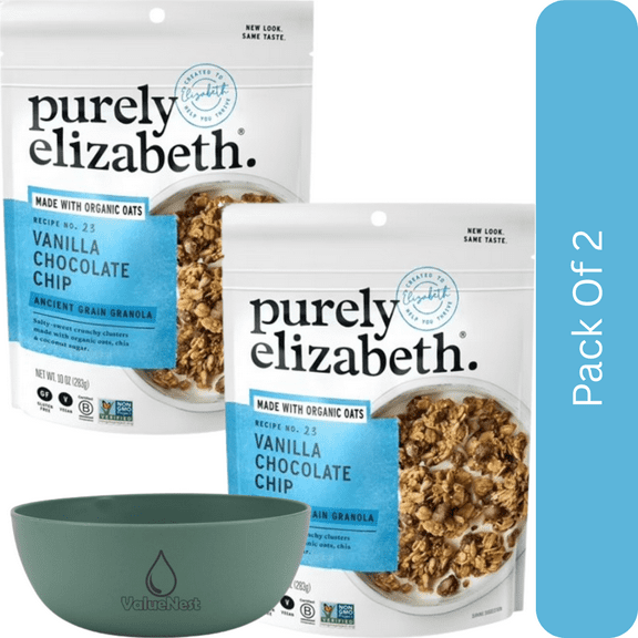 Purely Elizabeth Ancient Grain Granola, Vanilla Chocolate Chip, 10 oz Bag-2pk, With Olive Green Bowl By ValueNest
