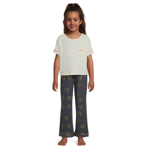 Wonder Nation Girls Short Sleeve Long Pant Pajama Sleep Set with