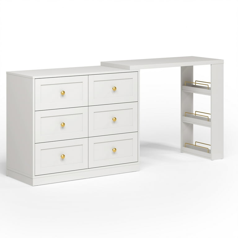 May in Color 6 Drawer Dresser and Vanity, Extendable Corner Vanity Desk and Dresser Combo with 3 Side Shelves, Wood Dressing Table for Bedroom, May in Color 6 Drawer Dresser and Vanity, Extendable Corner Vanity Desk and Dresser Combo with 3 Side Shelves, Wood Dressing Table for Bedroom,