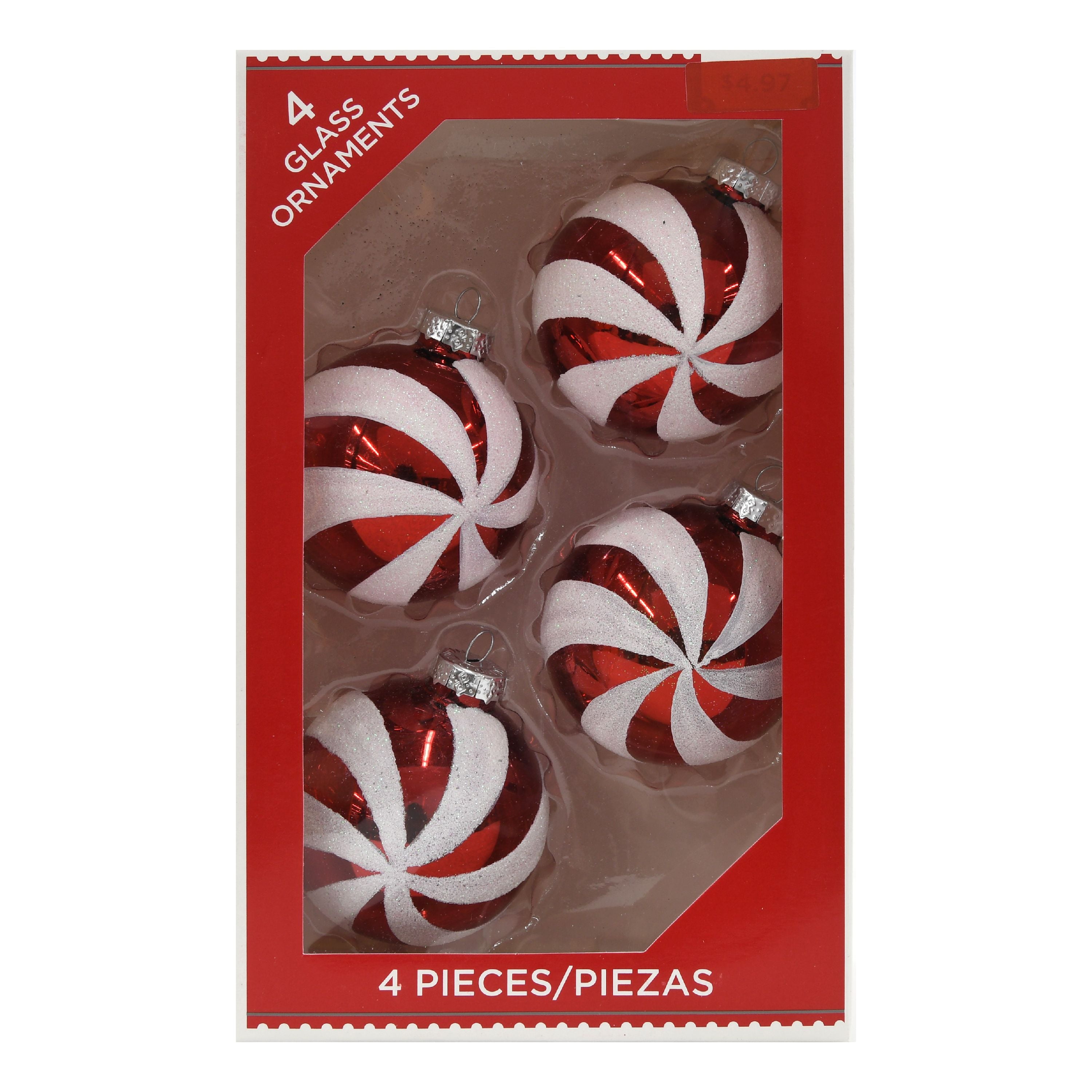 Holiday Time Glass Ornaments, Candy Cane, 4 Count