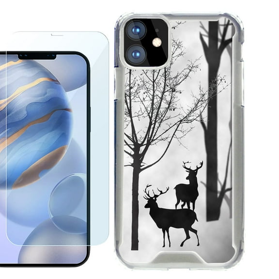 For Apple iPhone 12 Case, iPhone 12 Pro Case, Hybrid Bumper Phone case, with Tempered Glass Screen Protector, by OneToughShield ® - Forest Deer