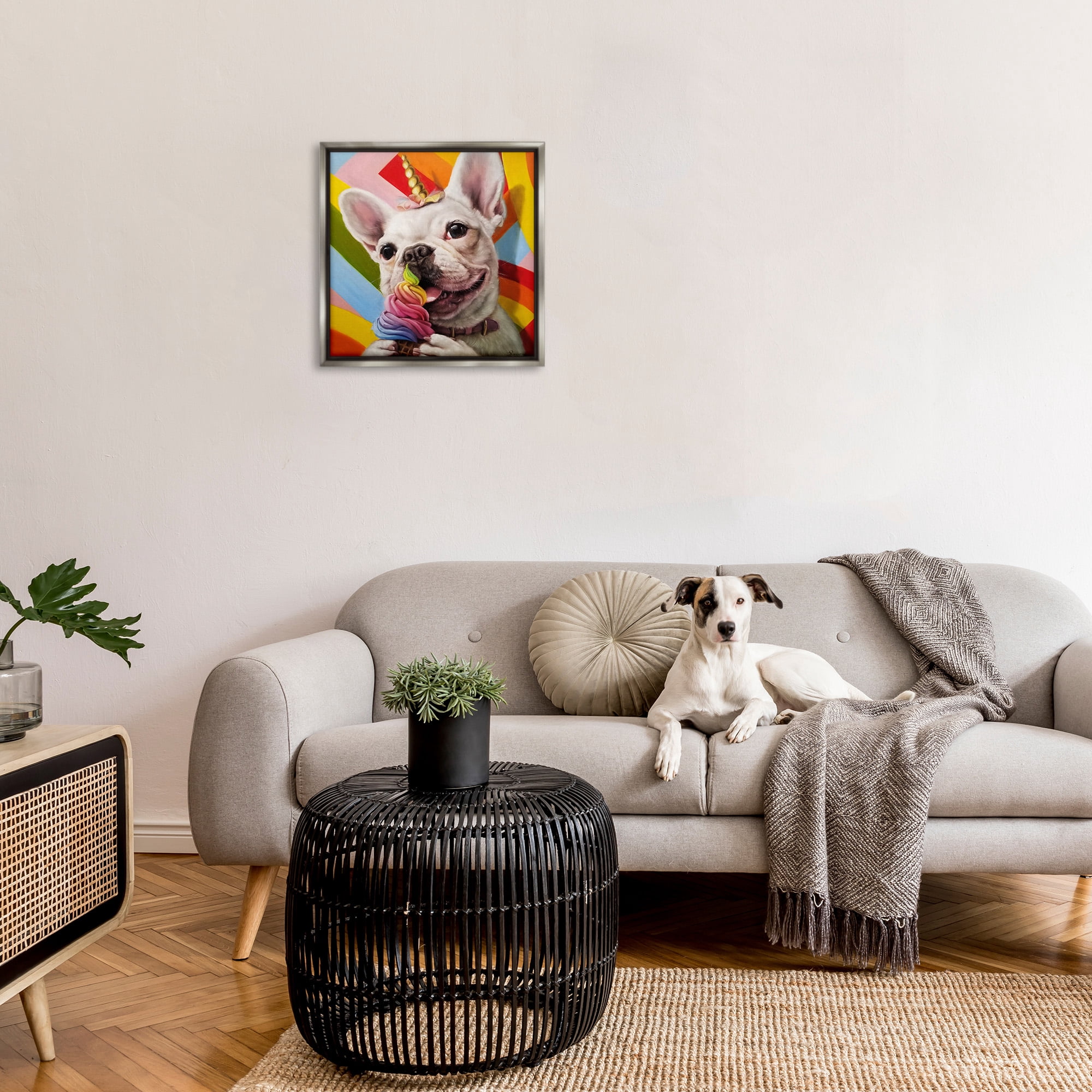Stupell Industries Rainbow French Bulldog Ice Cream Animals & Insects Painting Gray Floater Framed Canvas Art Print Wall Art, 25 x 25