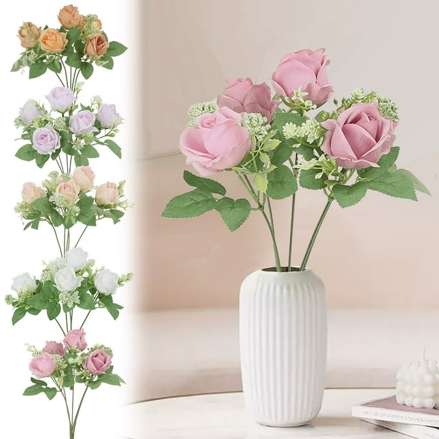 Ramo de flores de seda - Rosas artificiales, dalias, hortensias de 30 cm con follaje para decoración del hogar y la boda