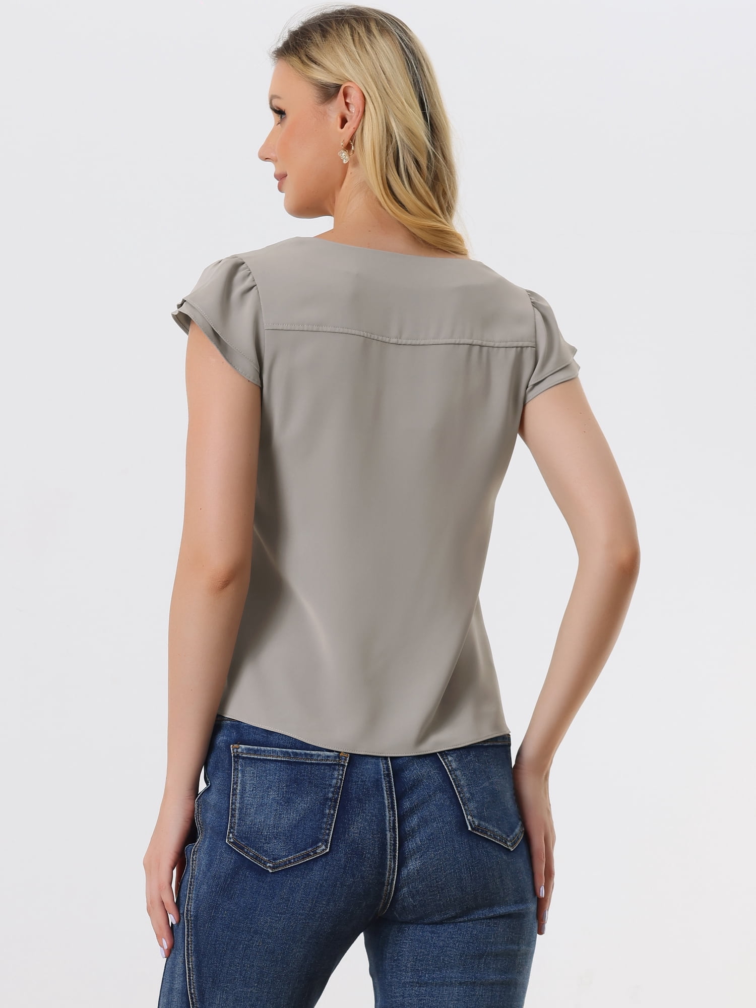 DARING DIVA Women's V Neck Casual Solid Cap Blouse Top M Dark Grey
