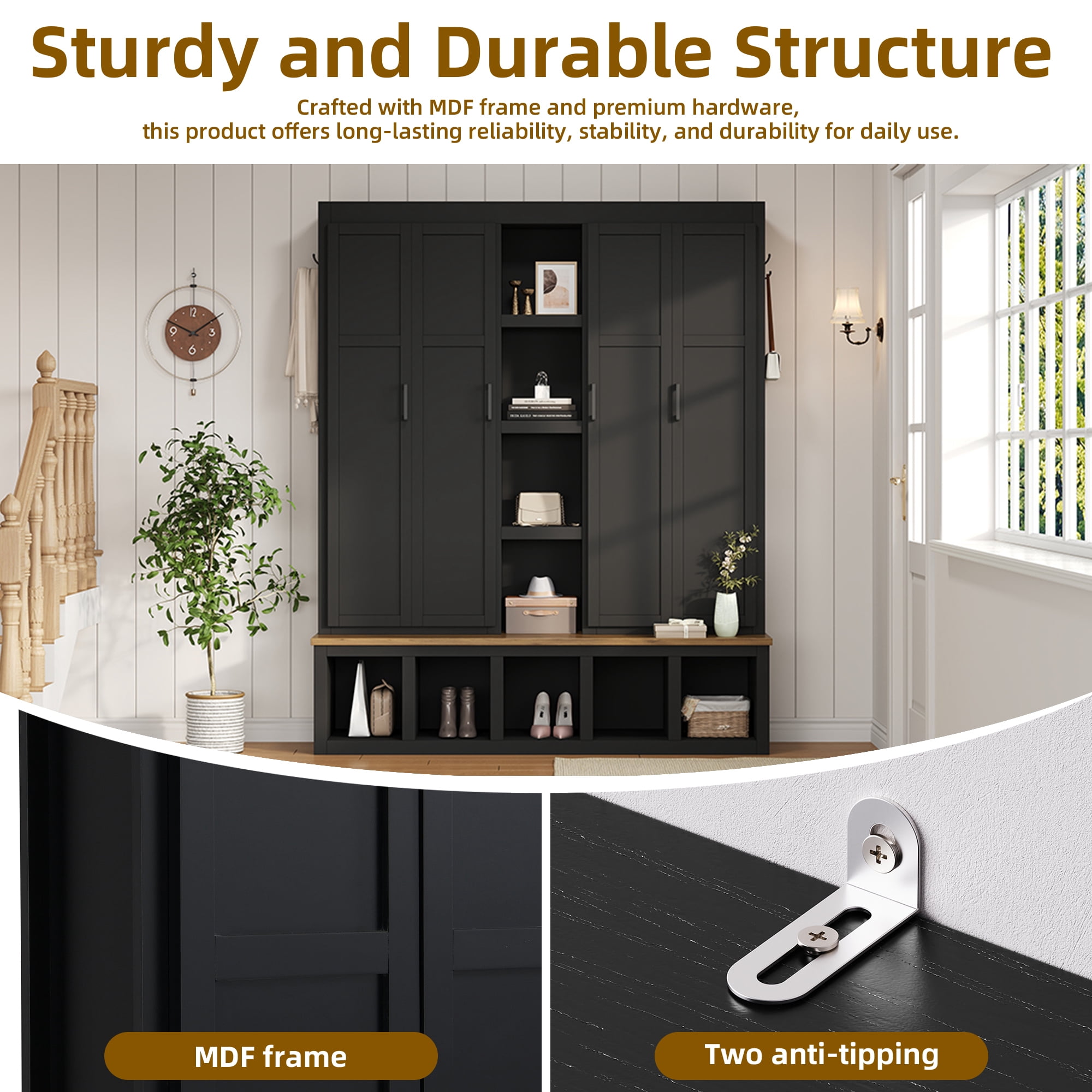 Farmhouse 4-in-1 Hall Tree with 6 Hanging Hooks, 62.9''W Mudroom Wood Grain Bench Shoe Organizer with Cubbies, Entryway Coat Rack with Storage Shelves for Hallway, Living Room
