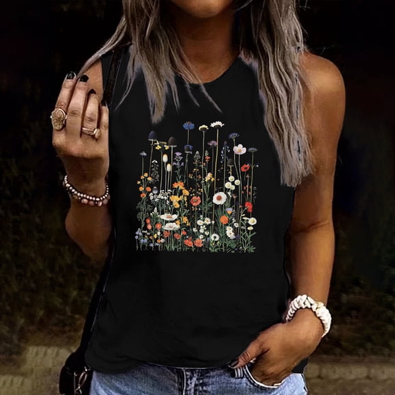 Gamivast Botanical Wildflower Floral for Women Tank Top Retro Graphic Sleeveless Crewneck Casual Loose Fit Spring Summer Vacation Everyday Wear Shirts Tops