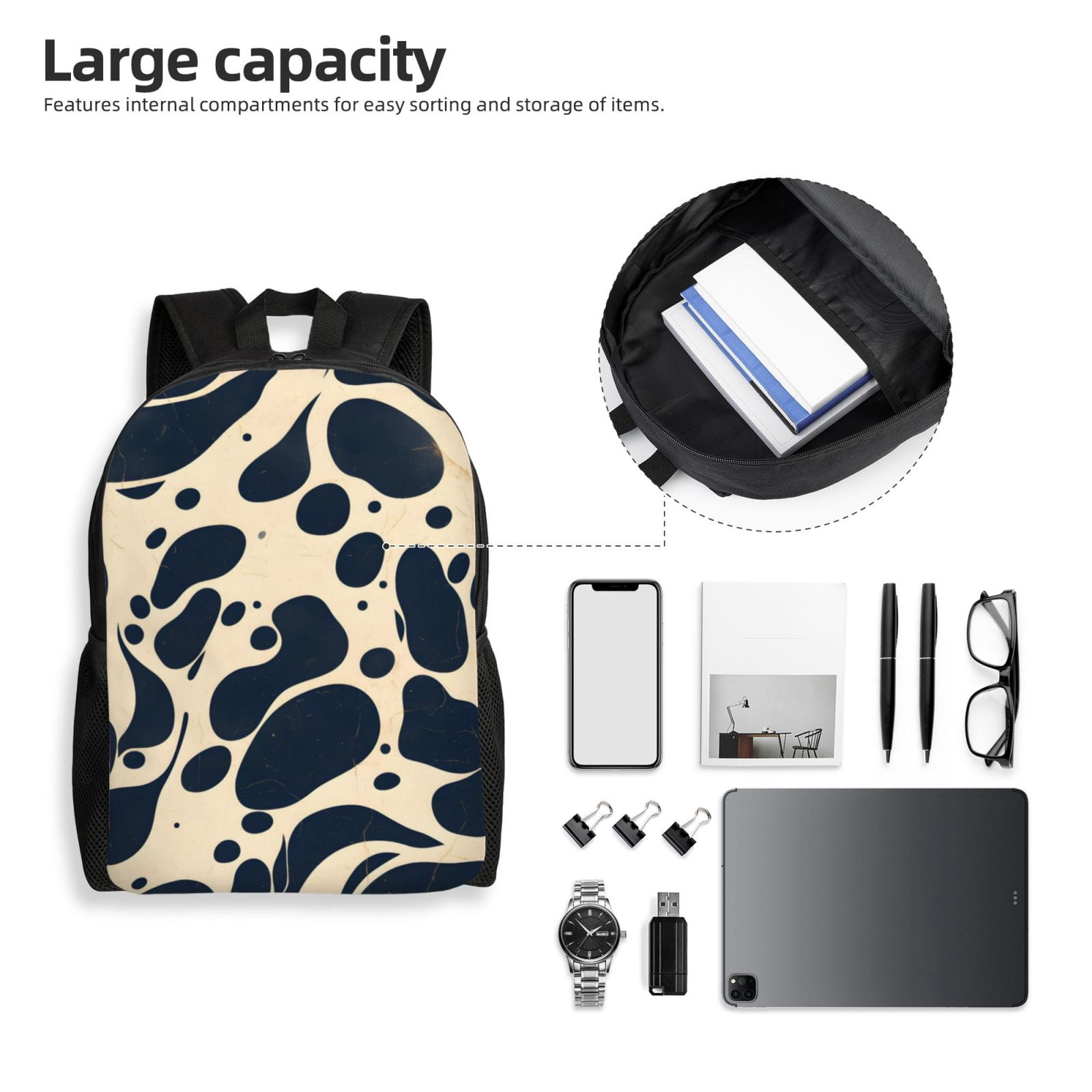 Single Side Full Backpack 16.1×11.8×4.5in Large Capacity Breathable Shoulder Belt Leisure Simple And Strong Bearing Capacity Milk Cow Skin Print Style Darkvoilet_1