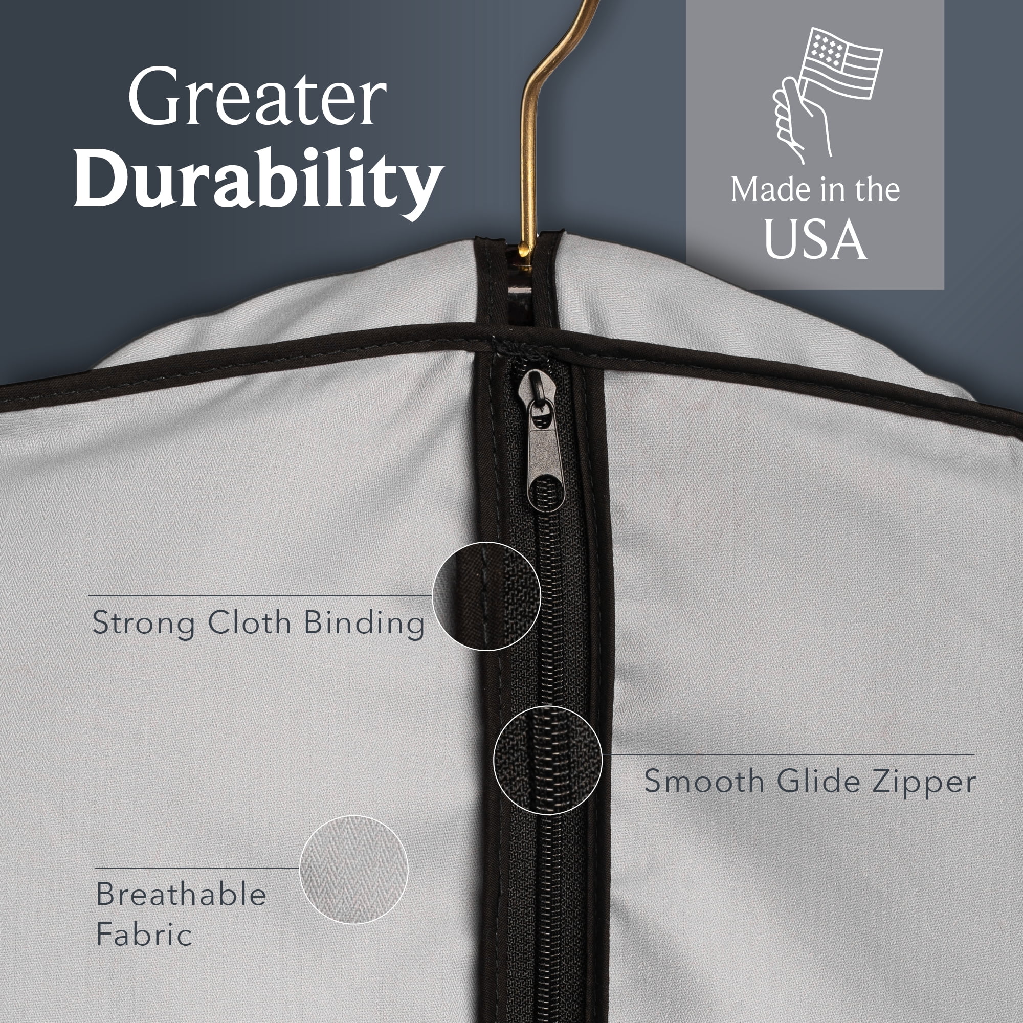 45'' Breathable Gray Cotton Poplin (Black Trim) Garment Bag - 1 Count - Basic LTD