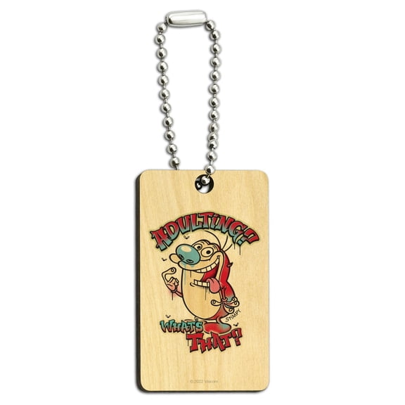 Ren and Stimpy Adulting What's That? Wood Wooden Rectangle Keychain Key Ring