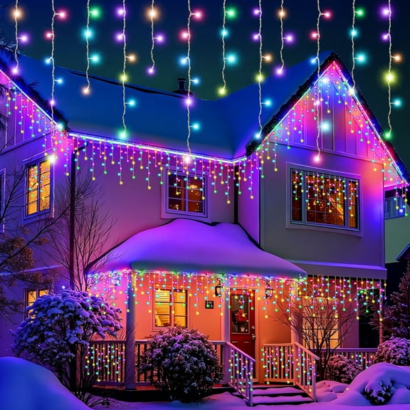 2 Pack RGB Color Changing LED Icicle Lights For Outside House With 42-Key Remote,26FT LEDs Hanging Twinkle Christmas String Lights For House Roof Halloween Xmas,43 Modes,Timer,Holiday Presets,IP54
