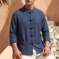 thumbnail image 2 of ROHUUQUE Men's Cotton Linen Shirts Stand Collar Long Sleeve Solid Frog Button Pocket Loose Casual Tops Daily Outdoor, 2 of 9