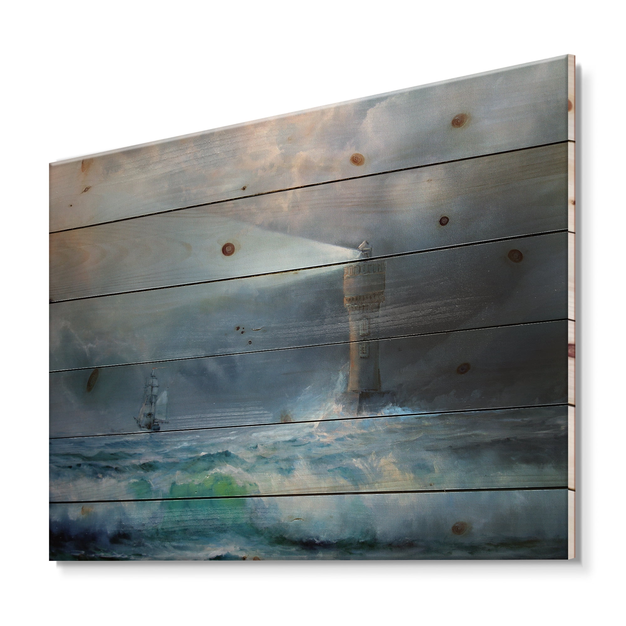 Designart 'Lighthouse Shining Light During Stormy Clouds Night II' Nautical & Coastal Print on Natural Pine Wood