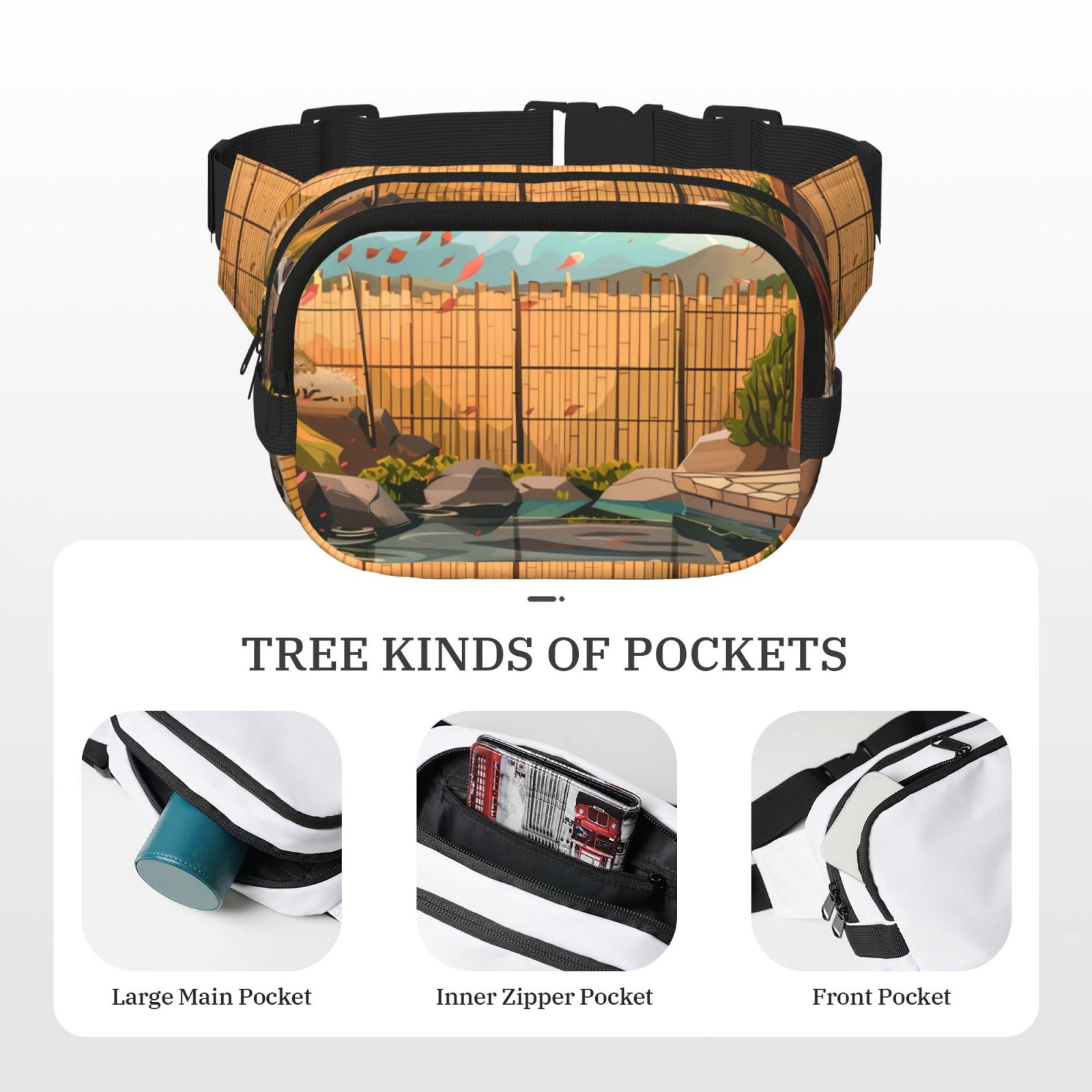 Picia Tranquil Garden Landscape Print Square Double-Layer Waist Bag Mini Adjustable Waist Belt Bag Exercise Running Travel Hiking