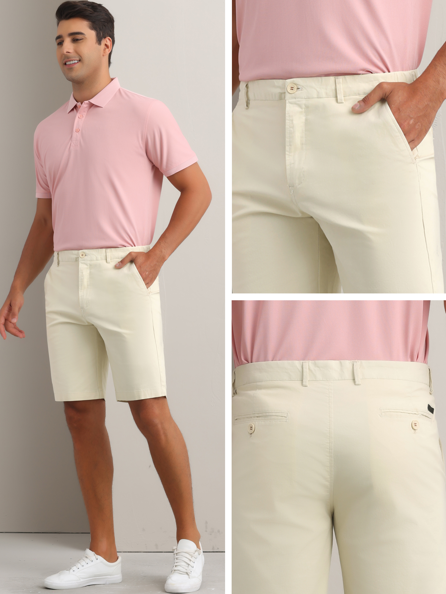 DARING DIVA Men's Solid Button Flat Front Zipper Formal Chino Dress Shorts 32 Beige
