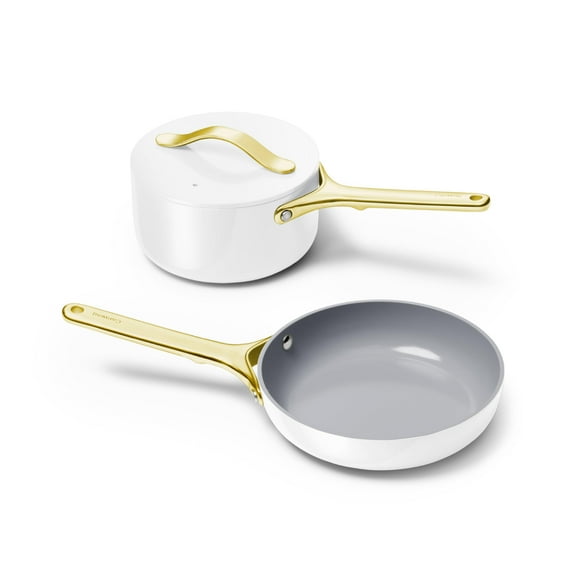Juego de mini utensilios de cocina Caraway - Sartén de cerámica antiadherente (1.05 qt, 8") Cacerola para salsa (1.75 qt) y estante de almacenamiento - No tóxico, libre de PTFE y PFOA - Apto para horn