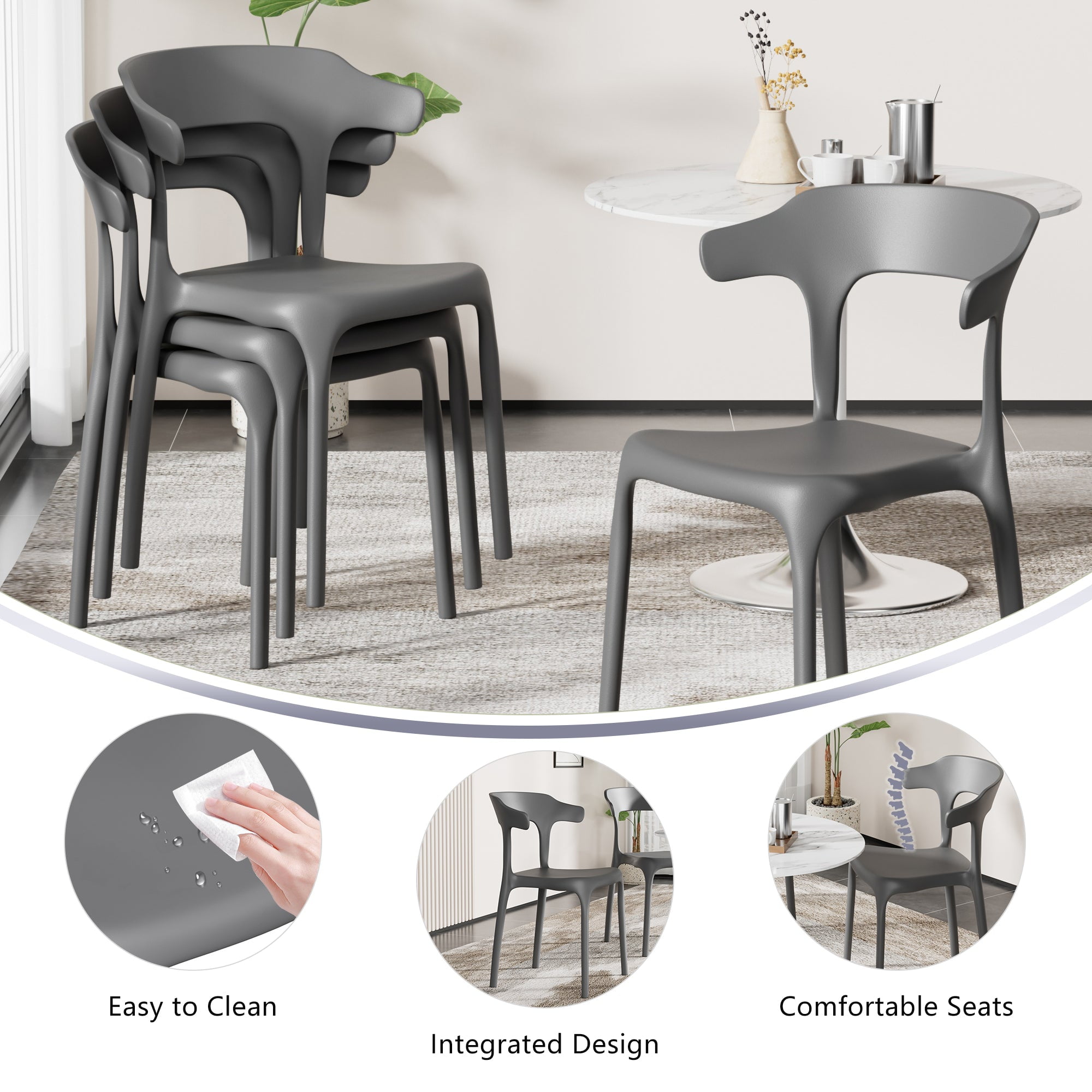 VECELO Stackable Patio Dining Chair Set of 4, Outdoor/Indoor Dining Chairs for Restaurant, Poolside and Garden, No Assembly, Grey