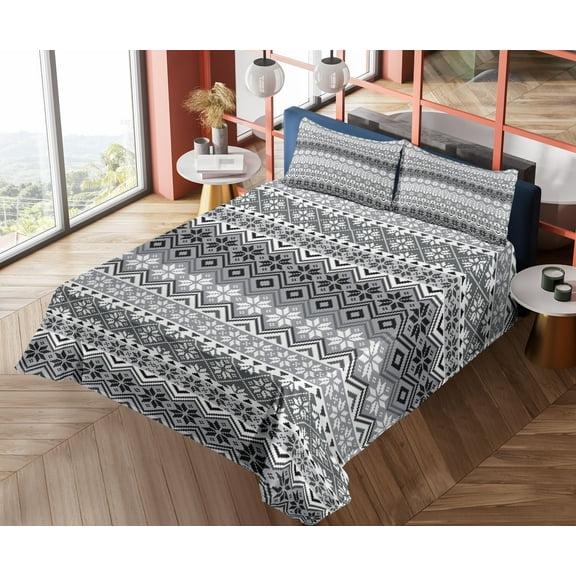 Ambesonne Grey Fitted & Top Sheet Set with Shams, Nordic Snowflake Pattern, Grey White Black