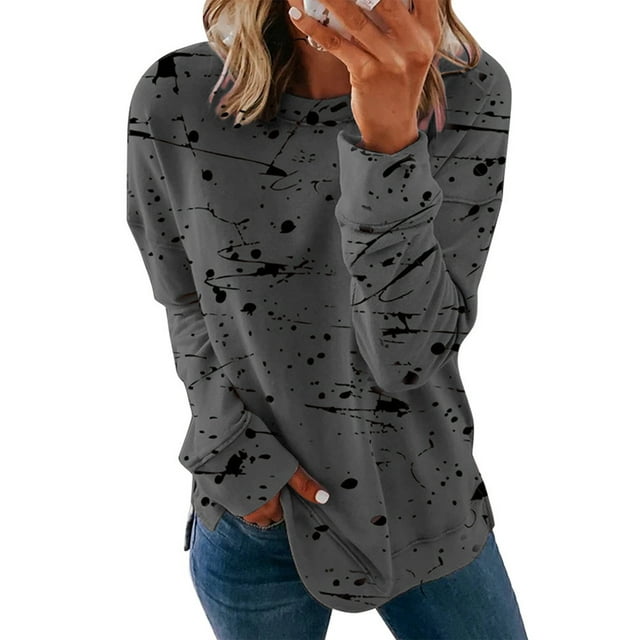 Fashnice Tee-Shirt Femme Col Rond T-shirt Imprimé Graffiti T-shirt Ample Automne Chandail Gris Foncé 4TG