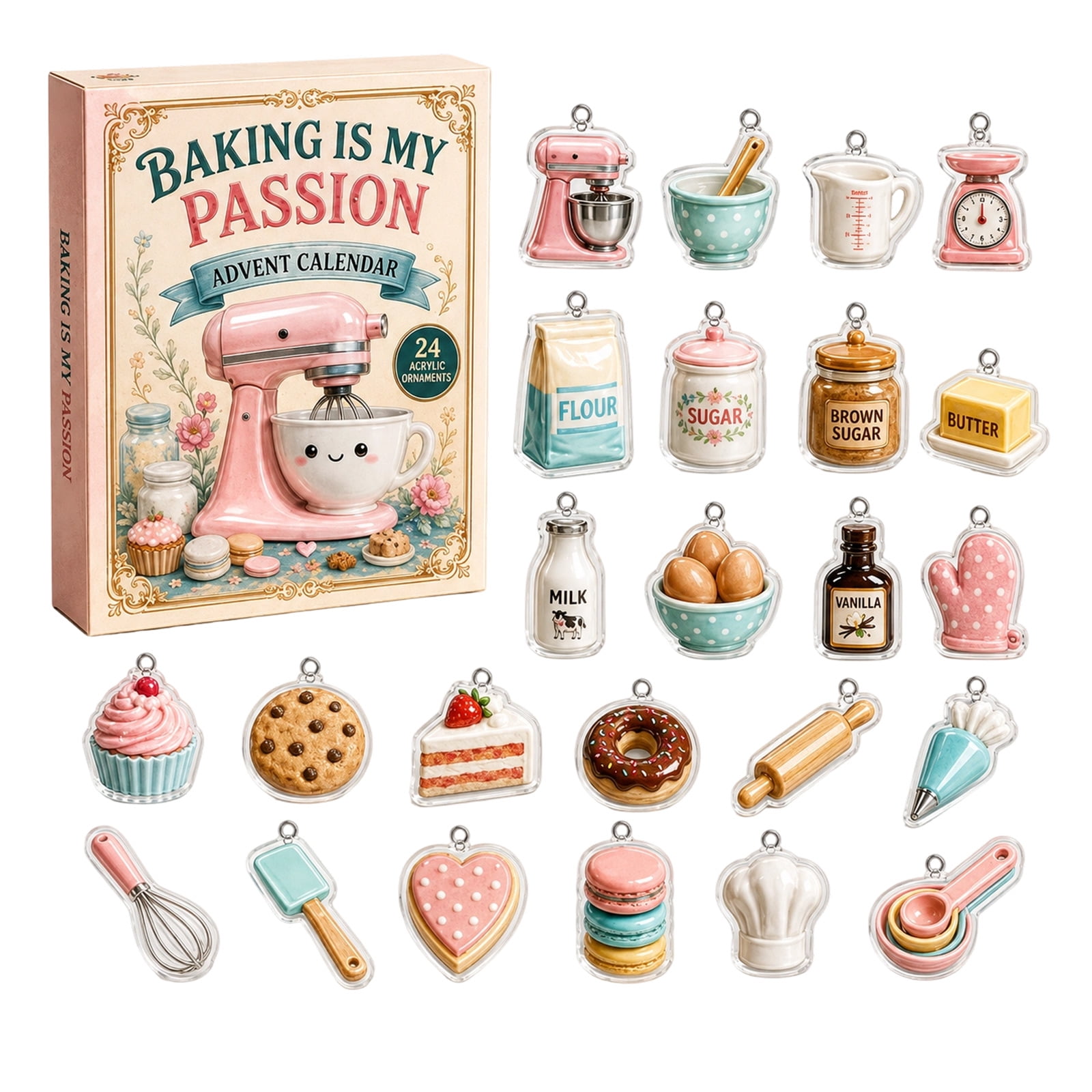 Baking Themed Christmas Advent Calendar 24 Pcs Mini Acrylic Christmas Tree Ornaments Set Cute Baking Decor Pendants for Holiday Home Kitchen Gifting