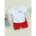 thumbnail image 3 of Independence Day Girls Boys Clothes Suits 0 6 12 18 24 Months 2T 3T Letter Print Crew Neck Short Sleeve T-Shirts and Solid Color Shorts 2Pcs Set, 3 of 8