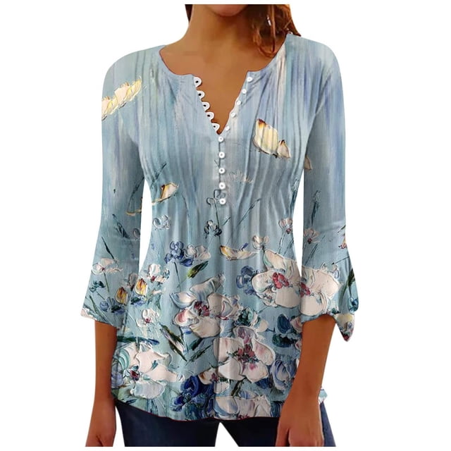 Meichang Chemisiers Boutonnés pour Femmes 2024 Tunique Plissée Manches 3/4 Évasées Chemise Décontractée à Imprimé Floral Blouse Évasée Douce Extensible Fendue Col en V T-Shirts Haut pour les Vacances