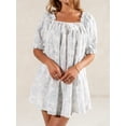 thumbnail image 3 of LMLYSoH Women Flower Mini Dress Loose Frill Trim Square Neck Short Sleeve Casual Short Dress for Summer, 3 of 9
