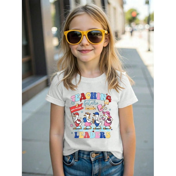Girl's Back To School Pattern T-Shirt, Back To School Goose Pattern Girl T-Shirt, Soft and Comfortable Girl's Casual Top, Cute and interesting Pattern T-Shirt, Back To School