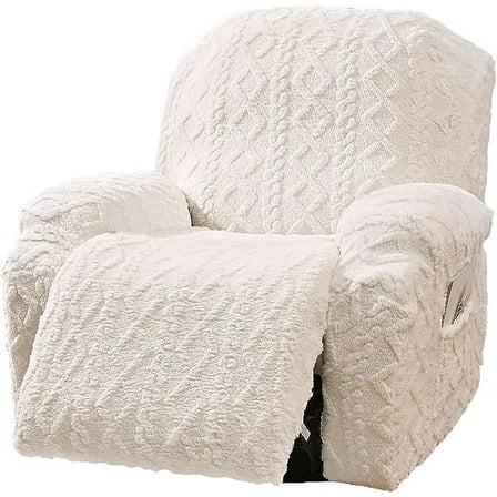 XmhyTop 4 Pieces Geometric Jacquard Plush Recliner Slipcovers Soft Fuzzy Fluffy Sofa Couch Cover Anti-Slip Furniture Protector with Elastic Bottom for Kids Cats Dogs(Cream,1 Seat)