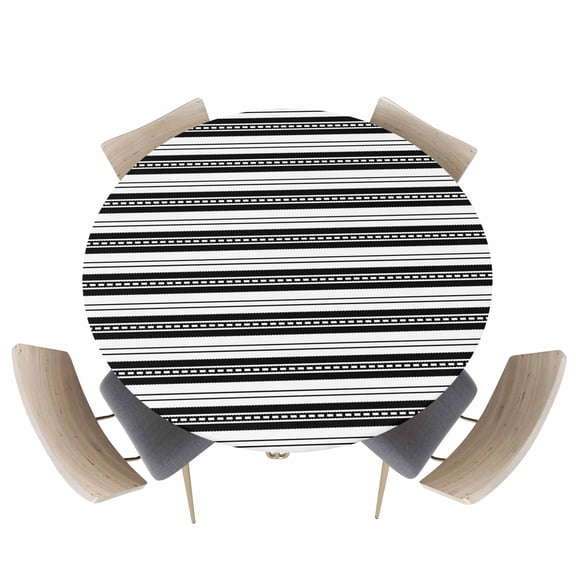 Boho Black White Lines Dots Fitted Round Tablecloths Elastic Edged Table Covers 36"-44",Abstract Geometric Stripes Waterproof Dining Room Table Cloth for Kitchen Holiday Party Tables Decor