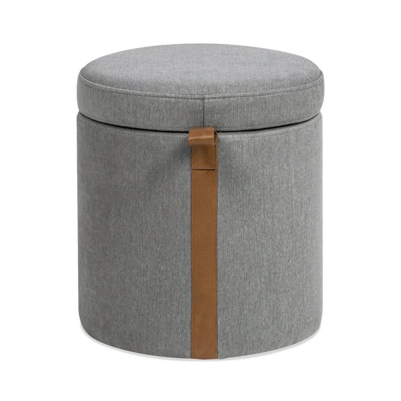 Jennifer Taylor Home Brandy 14" Round Upholstered Storage Ottoman with Leather Accent, Uptown Gray Stain Resistant High Performance Polyester
