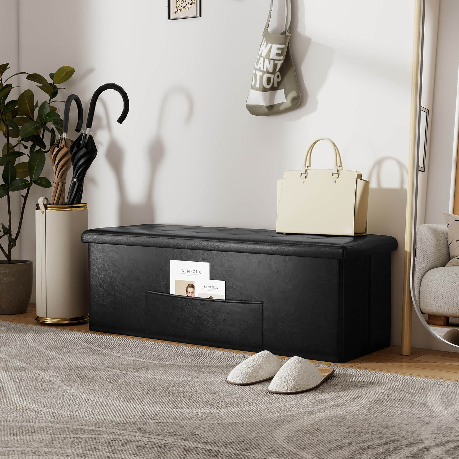 Costway Folding Storage Ottoman Bench, Black photo 2