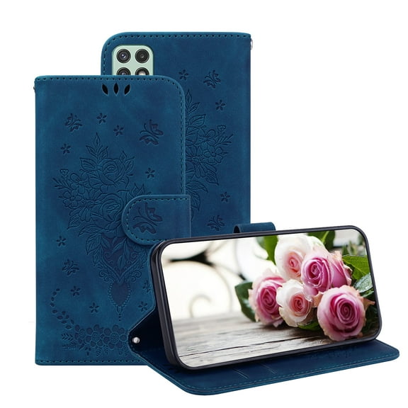 For Samsung Galaxy A22 5G (Not Fit A22 4G) Phone Case, Retro Leather Embossed Pattern Magnetic Folio Wallet Flip Holder Kickstand Card Cash Pocket Protective Case,Blue