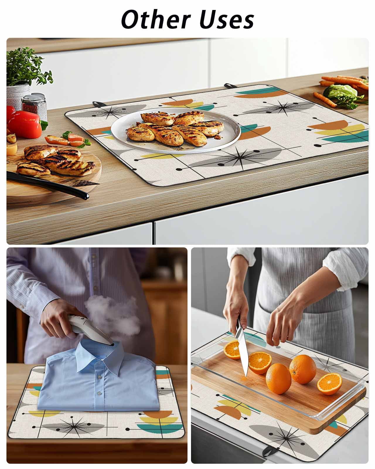 Stove Top Covers for Electric Stove, Boho Teal Yellow Orange Grey Glass Stovetop Cover Protector, Middle Century Geometric Induction Cooktop Protector Oven Mat for Kitchen Countertop 24"x21"