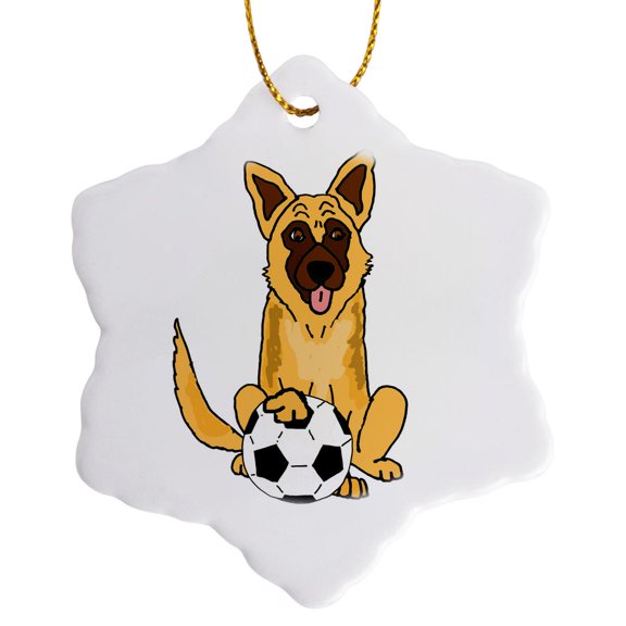 3drose, Funny Cute Belgian Malinois Dog Playing Soccer Cartoon, 3 inch Snowflake Porcelain Ornament