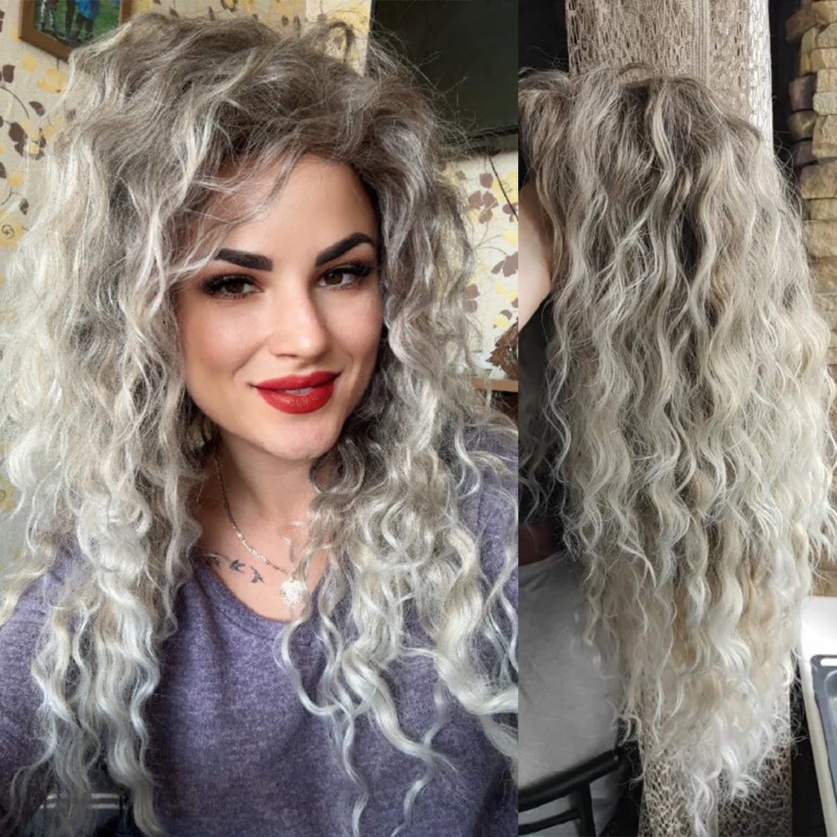 28 inch Long Ombre Blonde Curly Wigs for Women Gradient Color Ash Blonde Wig in Synthetic Hair