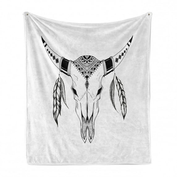 Buffalo Soft Flannel Fleece Throw Blanket, Mexican Skull Art Bison with Dreamcatchers Feathers Fantasy World Items, Cozy Plush for Indoor and Outdoor Use, 50" x 70", Charcoal Grey White, by Ambesonne