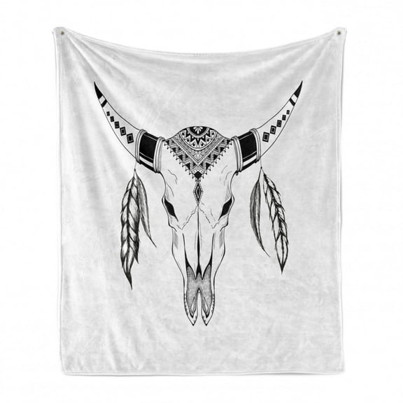 Buffalo Soft Flannel Fleece Throw Blanket, Mexican Skull Art Bison with Dreamcatchers Feathers Fantasy World Items, Cozy Plush for Indoor and Outdoor Use, 60" x 80", Charcoal Grey White, by Ambesonne