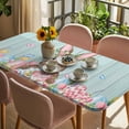 thumbnail image 3 of Bunny Easter Table Cloths for 4 Foot Rectangle Tables, Pink Blue Eggs Tulips Floral Rabbit Wooden Patio Waterproof Elastic Fitted Tablecloths, Washable Rectangular Table Cover for Camping, 3 of 8